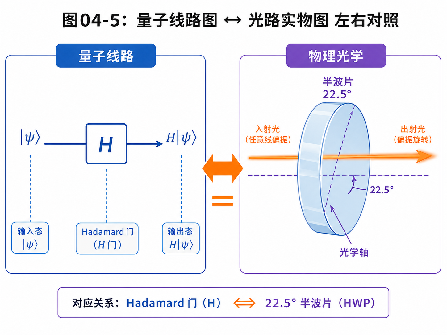 图04-5：量子线路图 ↔ 光路实物图 左右对照
