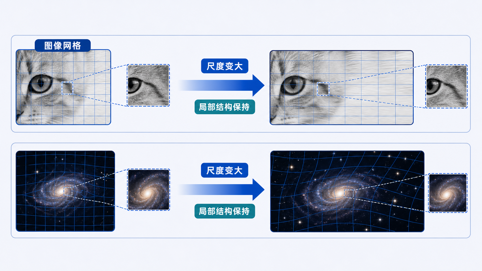 图04：图像拉伸与宇宙膨胀的几何类比
