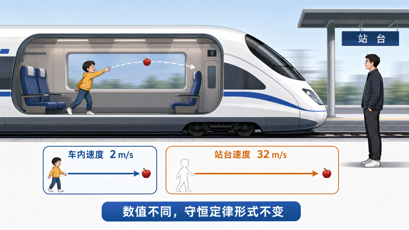 图25：不同参考系中数值变，定律不变