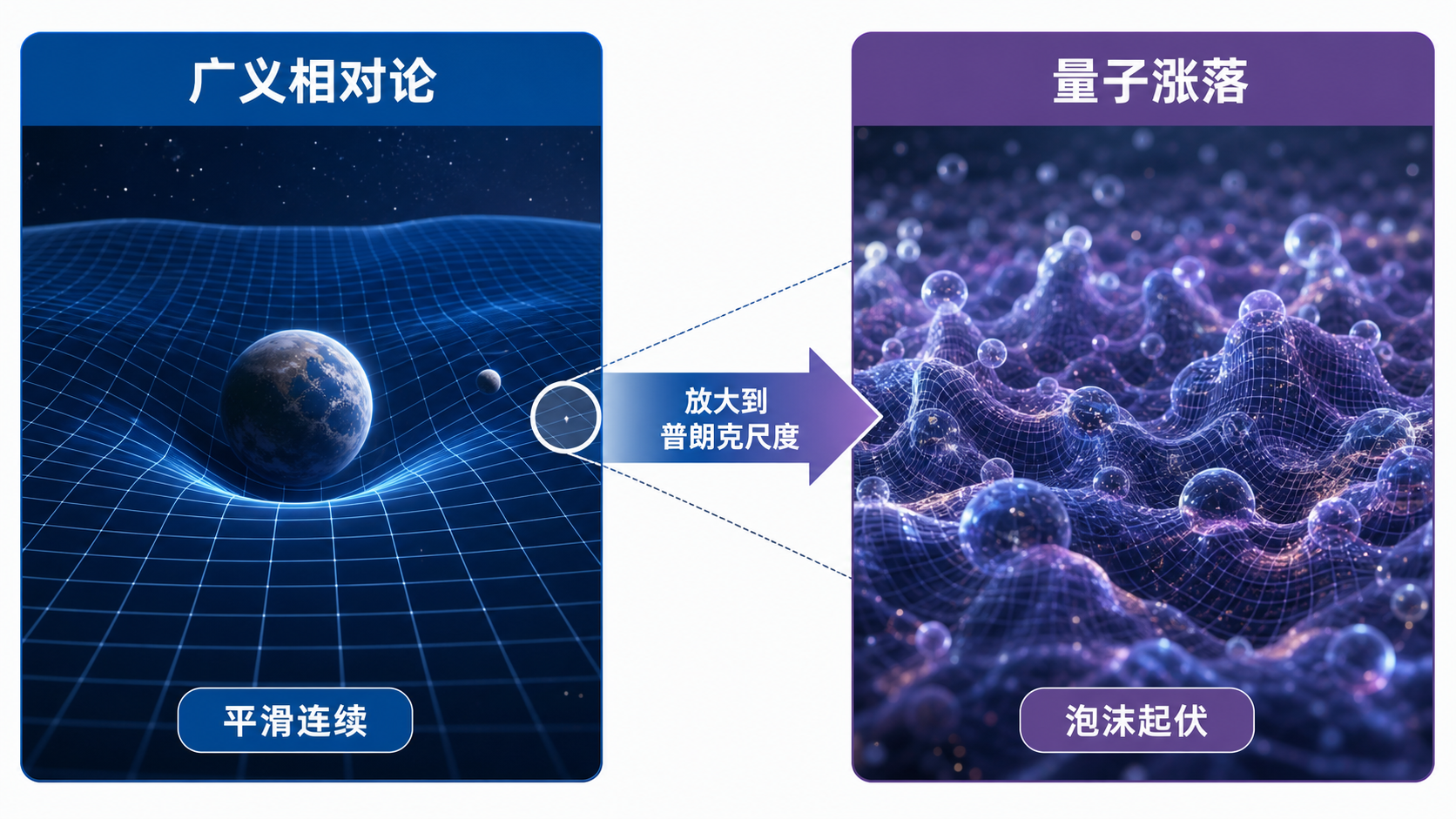 图45：平滑时空丝绸与普朗克尺度量子泡沫
