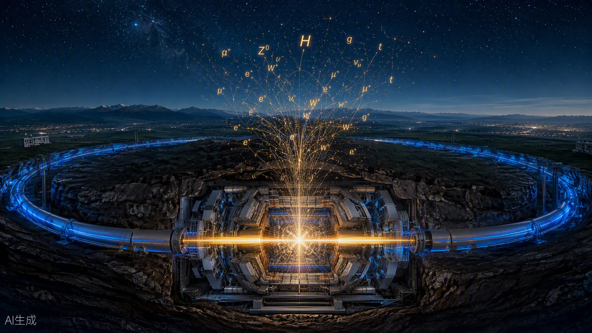 章首图:LHC 环形隧道剖面中,质子束对撞炸开粒子符号的烟花(AI 生成)