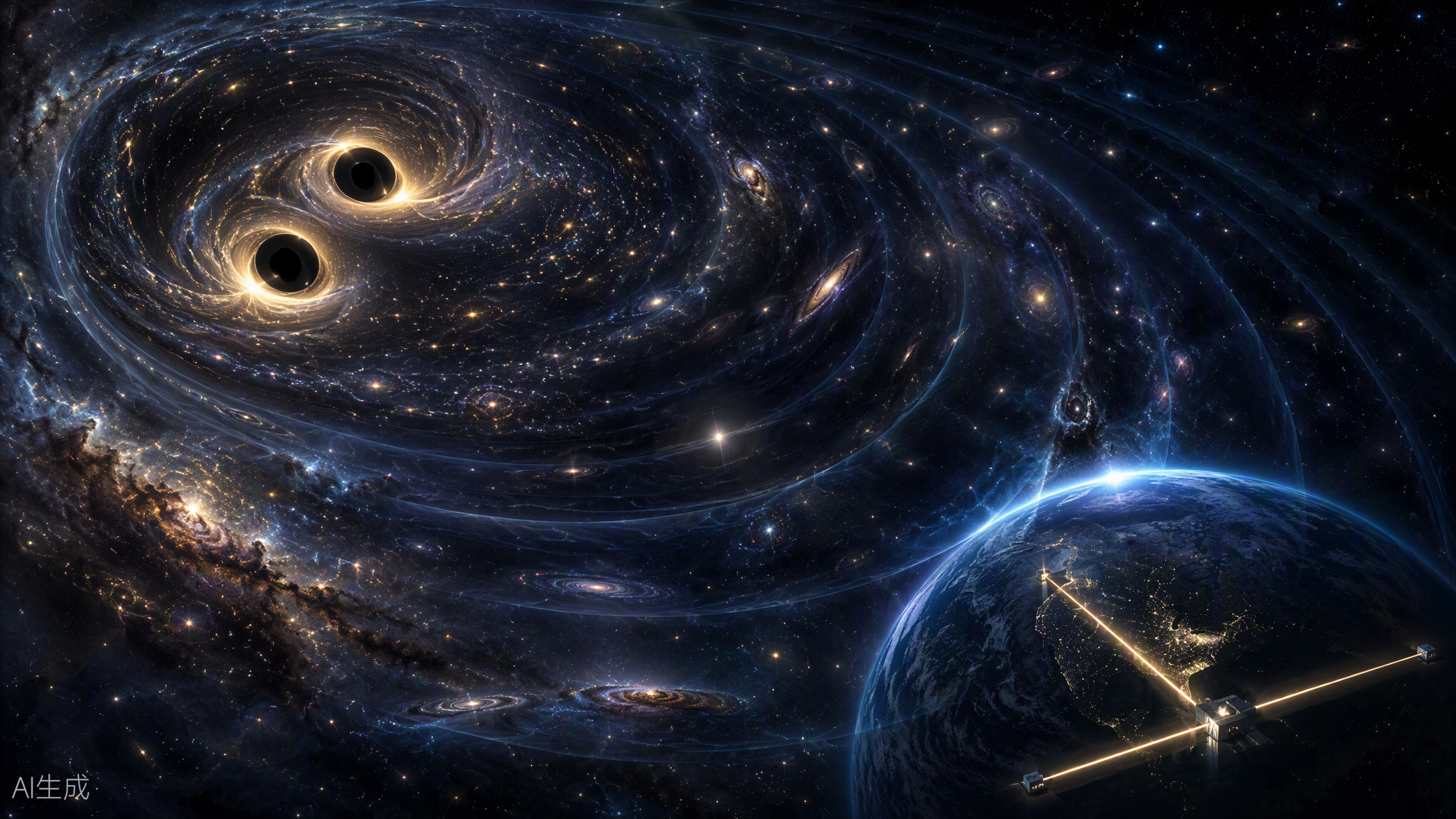 章首图:双黑洞并合的时空涟漪穿越宇宙,抵达地球上的 LIGO 干涉臂(AI 生成)