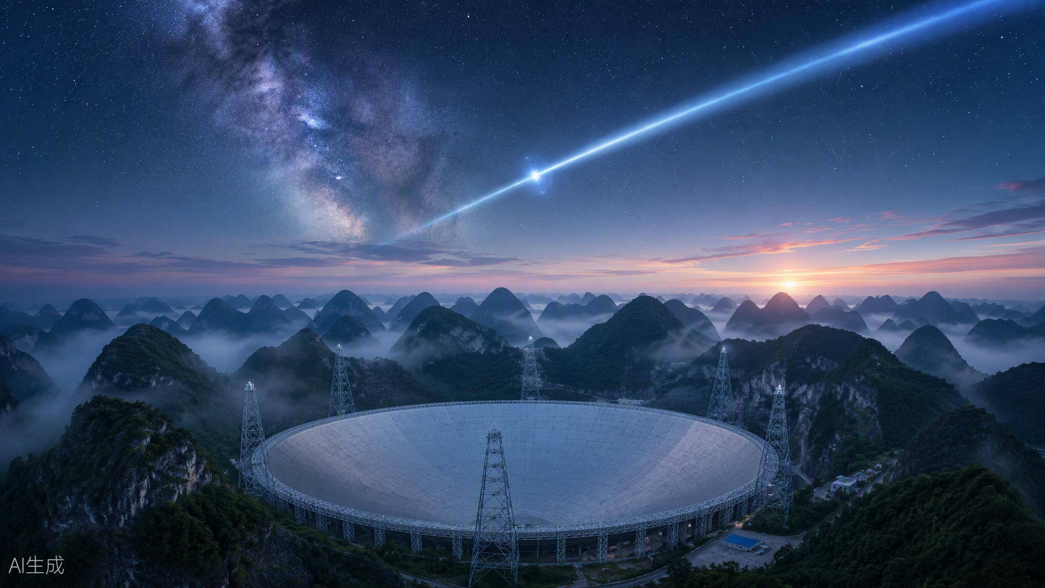 章首图:黎明时分喀斯特群山中的 FAST 天眼与扫过银河的脉冲星光束(AI 生成)