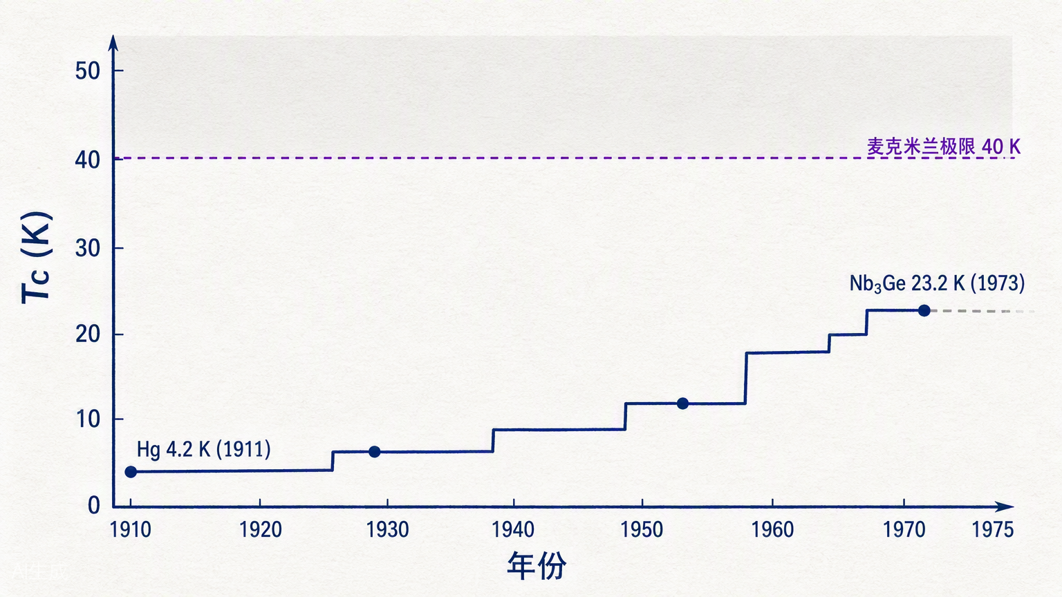 图 2:1911-1973 年 Tc 编年史与麦克米兰极限线