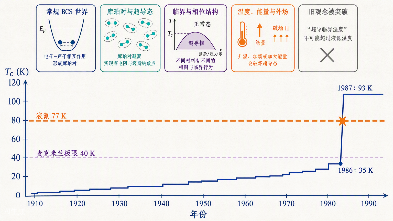 图 5:1911-1987 年 Tc 历史曲线与液氮温区标线