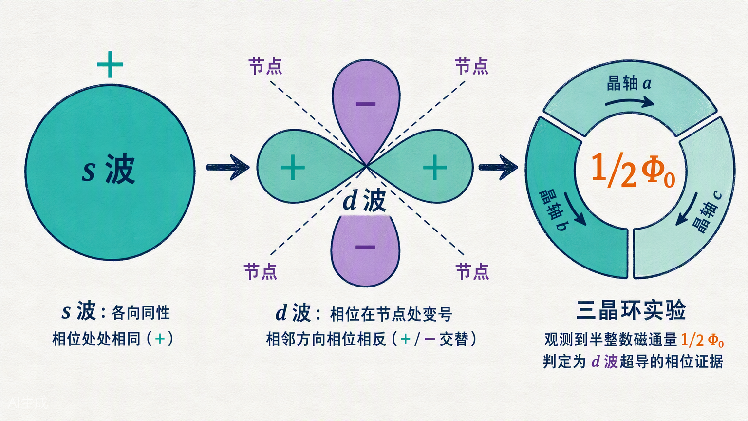 图 6:s 波与 d 波配对波函数对比及三晶环实验原理