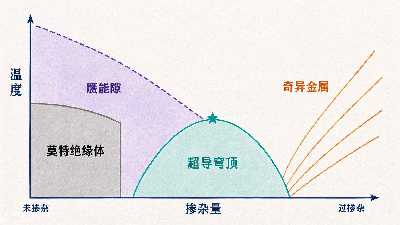 图 7:铜基超导相图——莫特绝缘体、赝能隙、超导穹顶与奇异金属