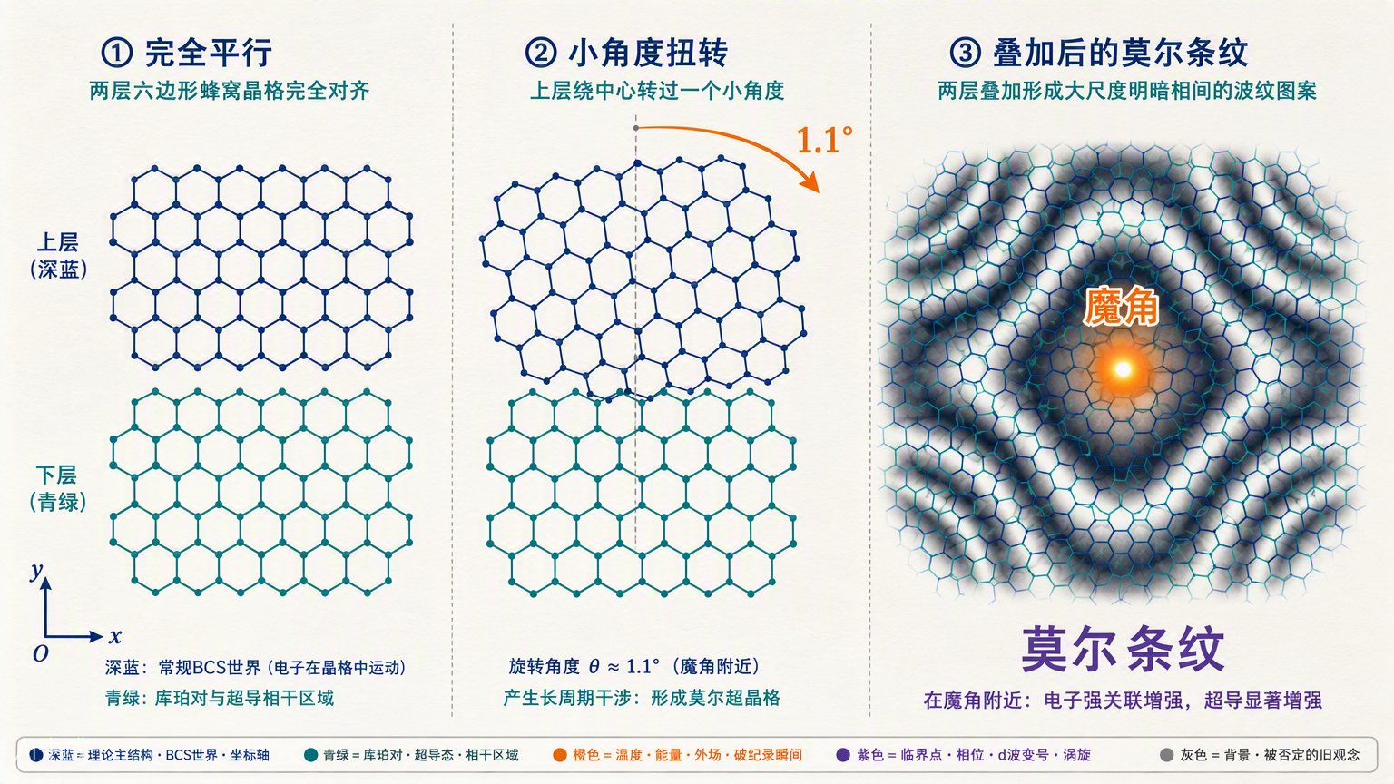 图 10:双层石墨烯扭转与莫尔条纹的形成